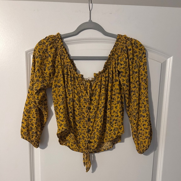 Jolt Tops - Jolt Mustard Floral Tie-Front Peasant Blouse